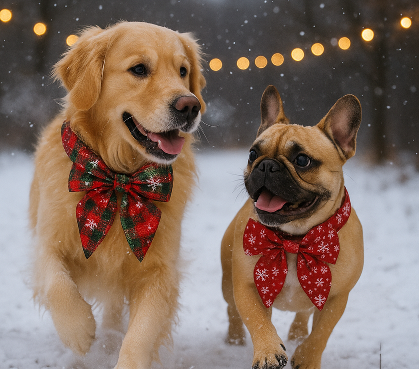 Two dogs wearing festive scarves running in the snow with string lights in the background.