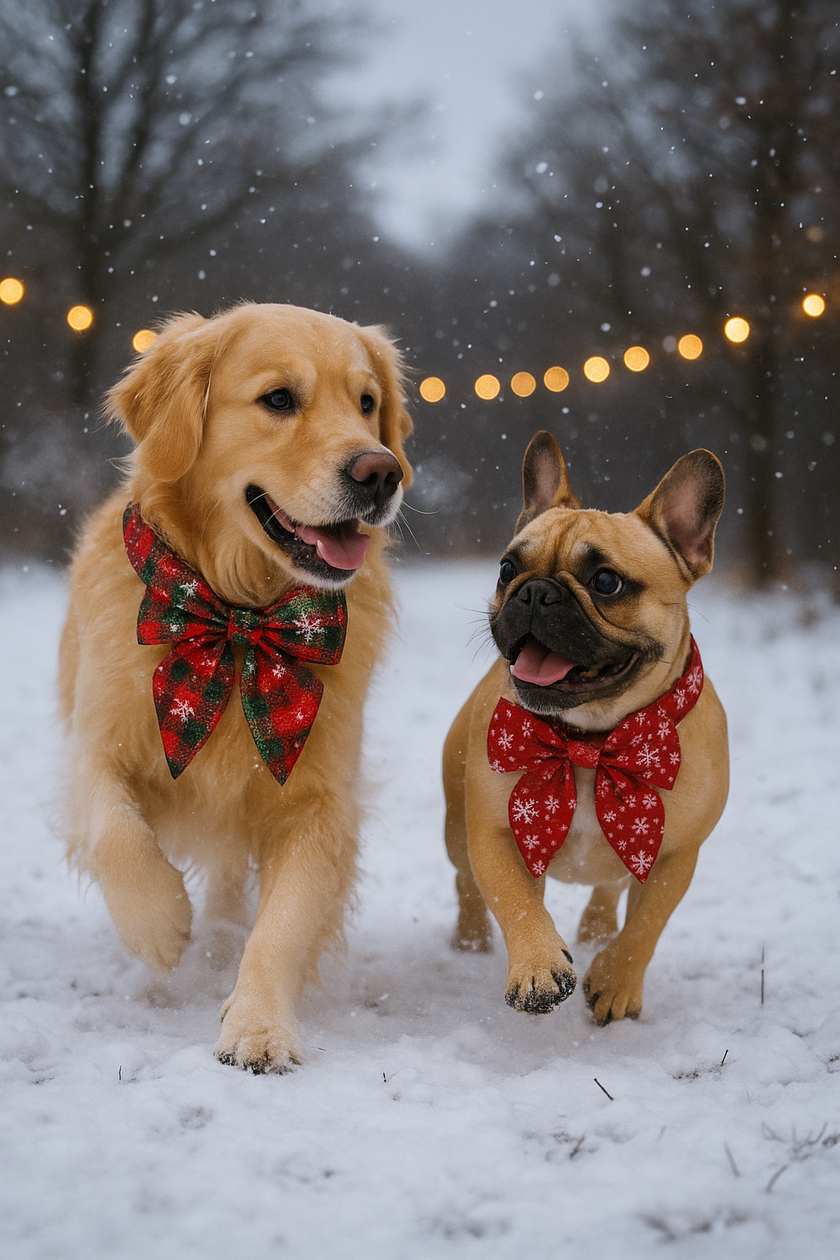 Two dogs wearing festive scarves running in the snow with string lights in the background.