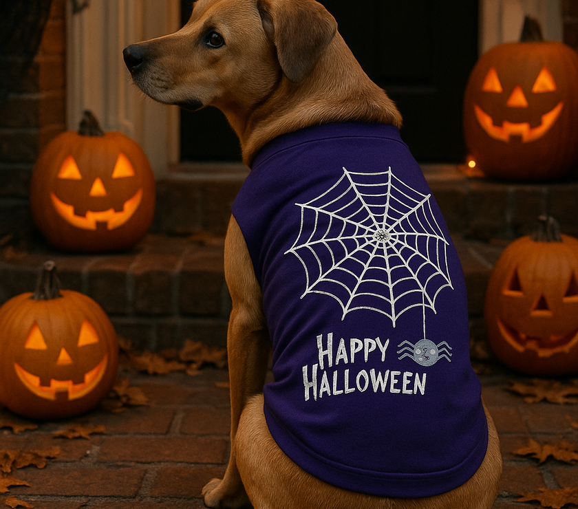 Dog wearing a 'Happy Halloween' shirt with pumpkins in the background