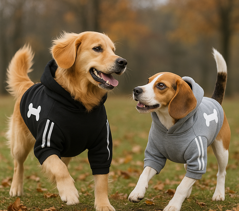 Two dogs wearing black and gray hoodies with bone designs in a park setting.