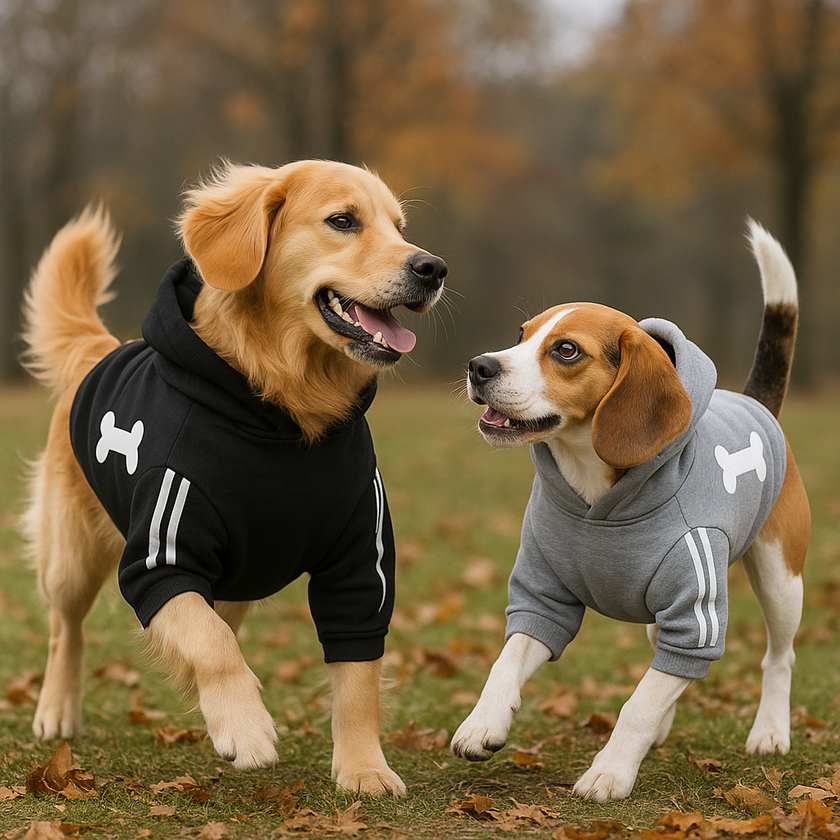 Two dogs wearing black and gray hoodies with bone designs in a park setting.