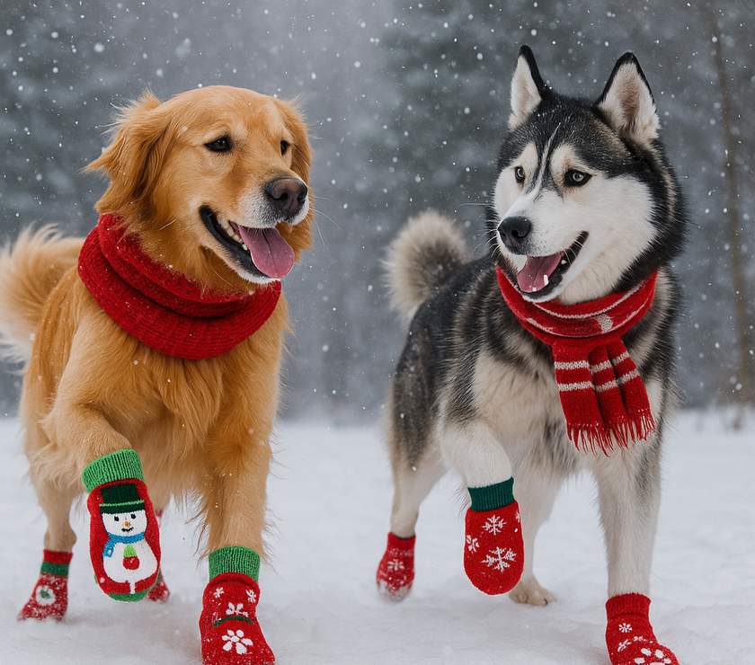 Two dogs, a Golden Retriever and a Husky, wearing red scarves and festive socks in a snowy setting.