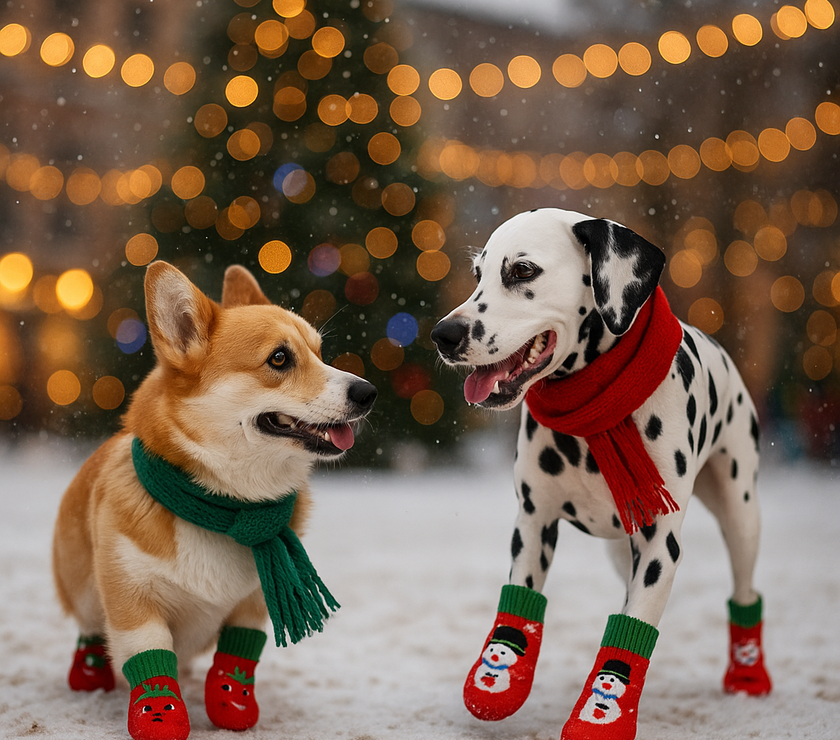 Two dogs playing outside wearing Holiday socks and a Christmas tree in the background