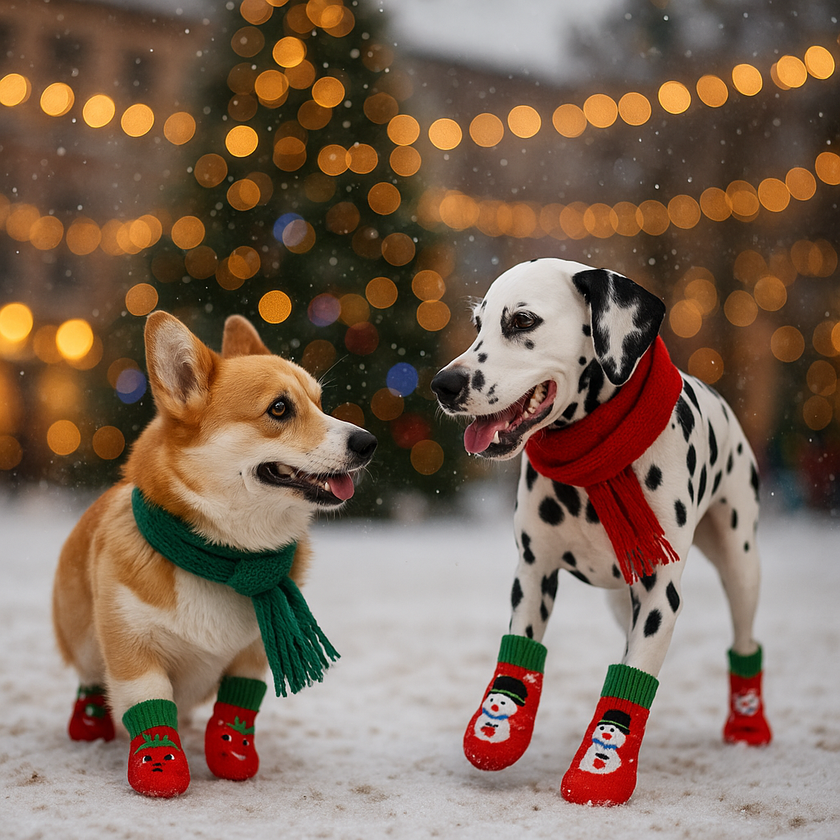 Two dogs playing outside wearing Holiday socks and a Christmas tree in the background
