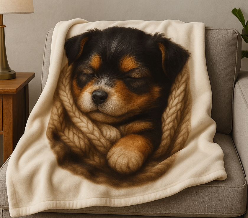 Sleeping puppy on a blanket with a cozy living room setting