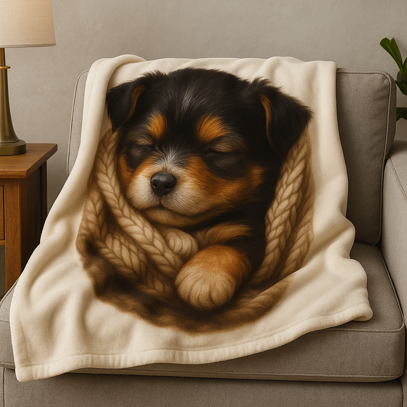 Sleeping puppy on a blanket with a cozy living room setting