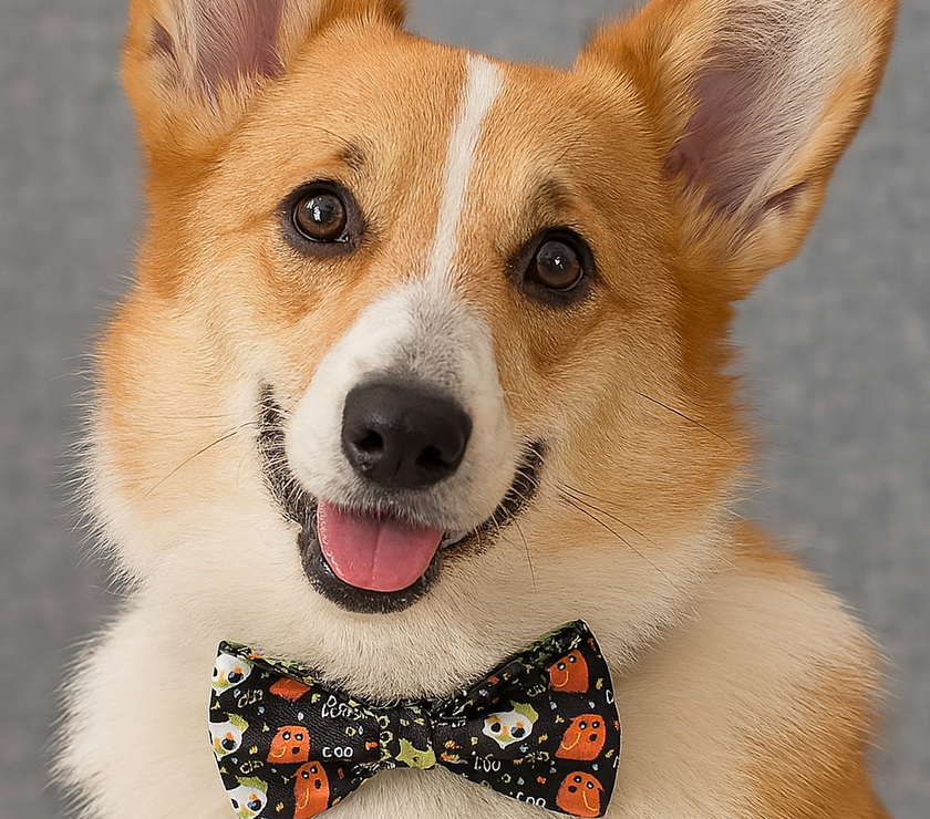 Dog wearing a bow tie with a gray background