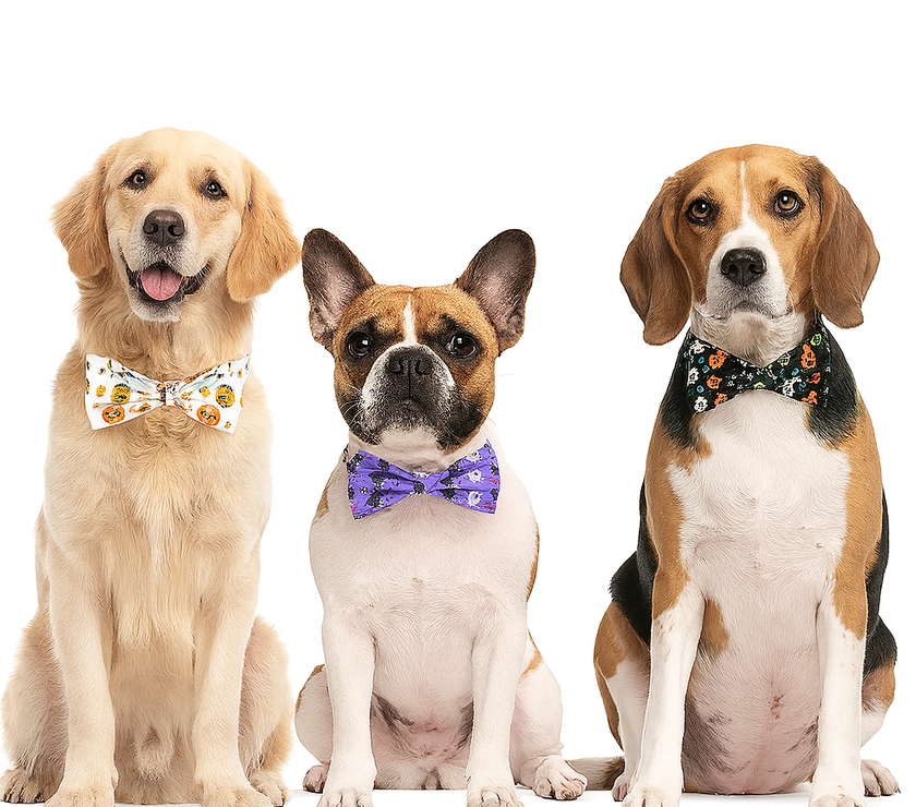 Three dogs wearing colorful bow ties on a white background
