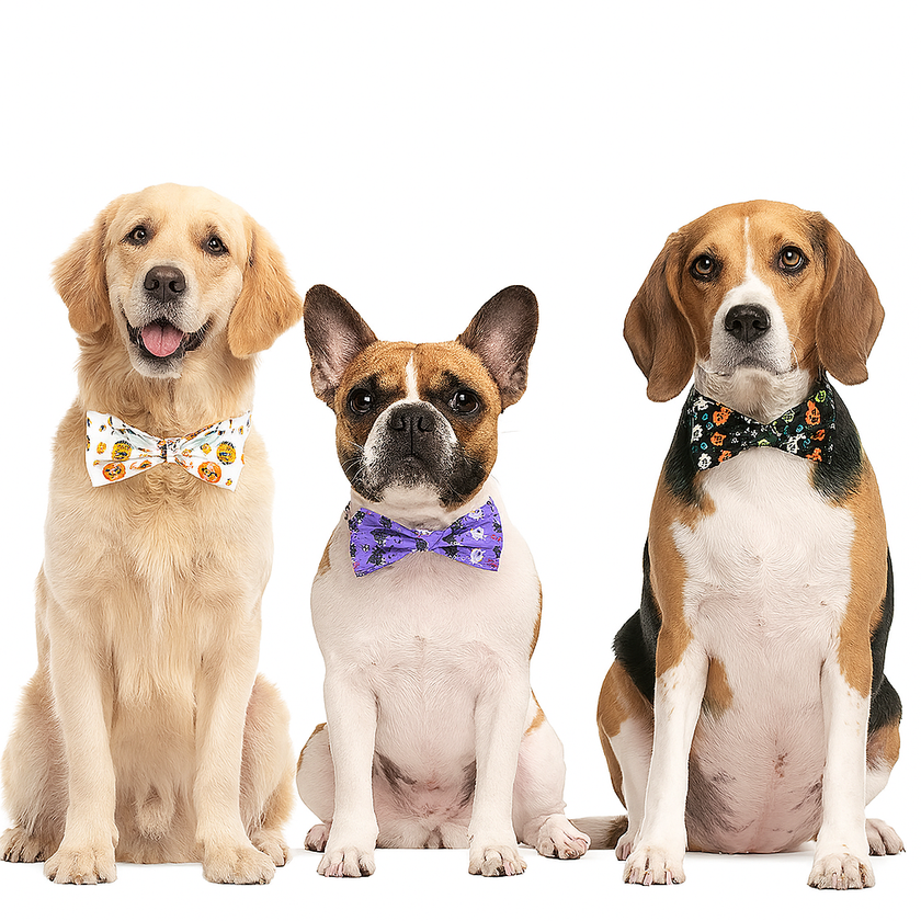 Three dogs wearing colorful bow ties on a white background