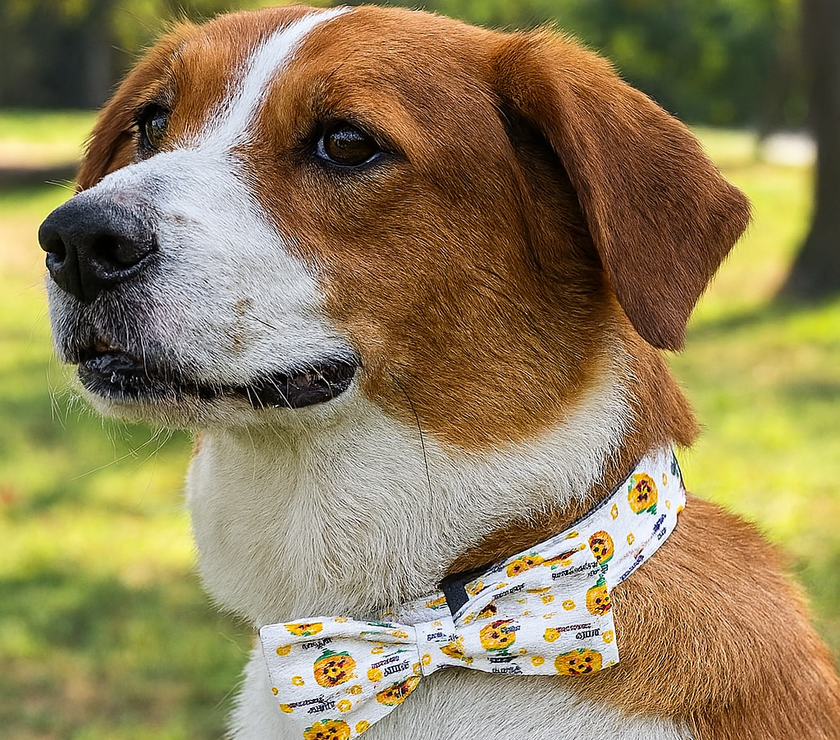 dog wearing white bow tie with pumpkins on it
