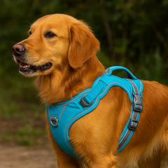 Dog wearing a blue harness with a blurred natural background