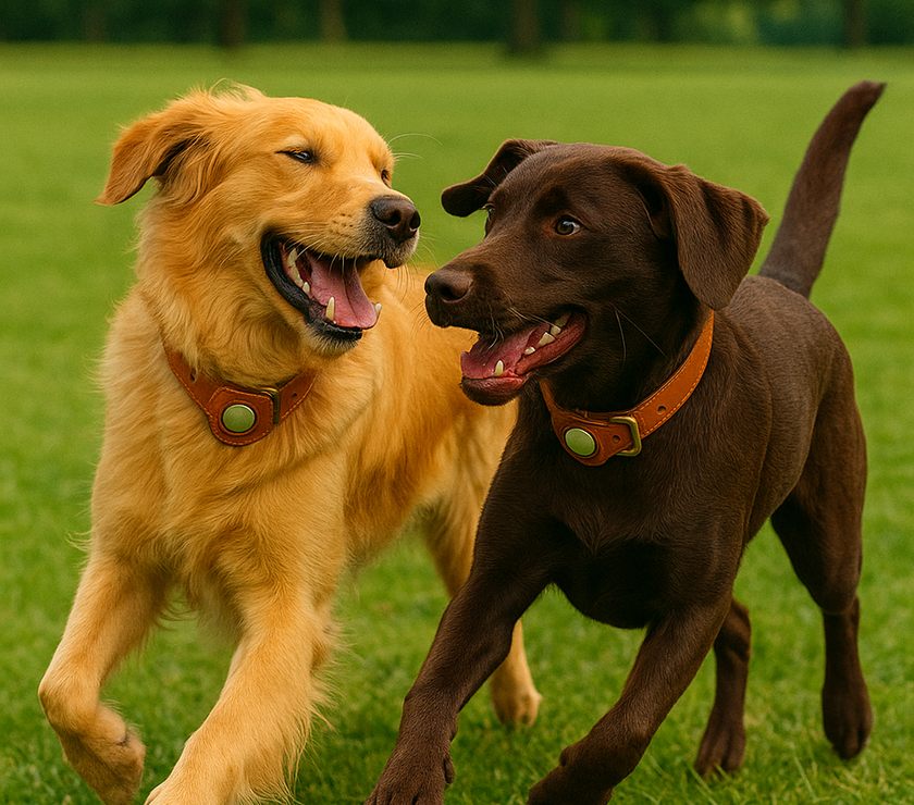 A Golden Retriever and a Chocolate Labrador play together on green grass, both wearing tan leather AirTag collars in a sunny park.
