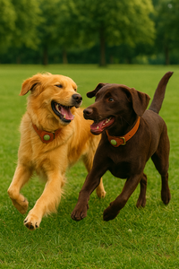 A Golden Retriever and a Chocolate Labrador play together on green grass, both wearing tan leather AirTag collars in a sunny park.