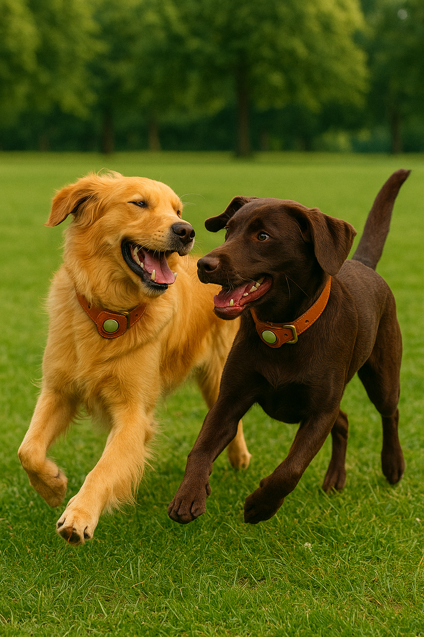 A Golden Retriever and a Chocolate Labrador play together on green grass, both wearing tan leather AirTag collars in a sunny park.