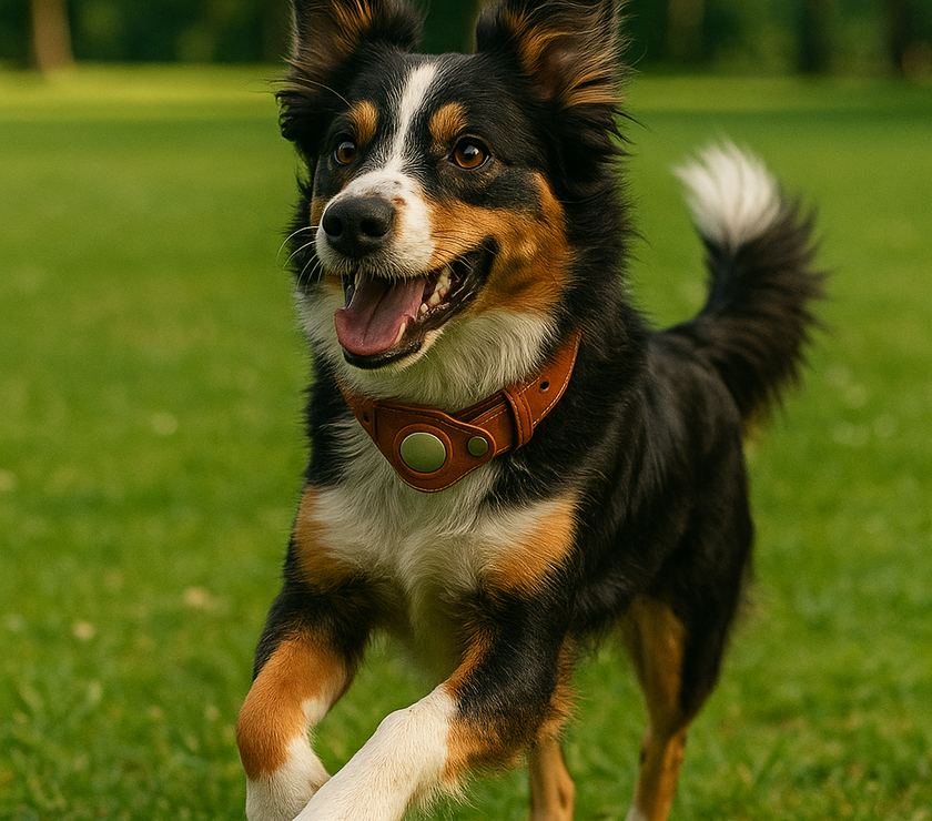 A happy tricolor Australian Shepherd runs across a grassy park wearing a tan leather collar with an AirTag, its ears perked and tongue out.