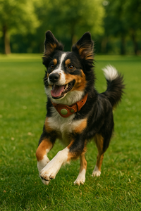 A happy tricolor Australian Shepherd runs across a grassy park wearing a tan leather collar with an AirTag, its ears perked and tongue out.