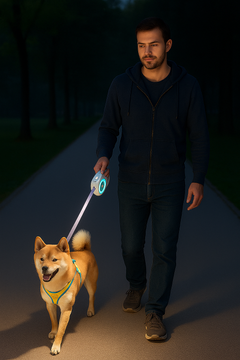 man wlking dog using a lighted retractable leash