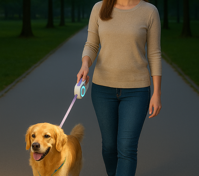 A young woman with long brown hair walks a Golden Retriever in a softly lit park at dusk, holding a glowing retractable leash while strolling along a quiet paved path surrounded by trees.