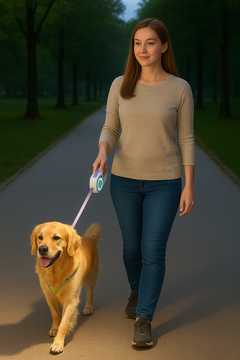 A young woman with long brown hair walks a Golden Retriever in a softly lit park at dusk, holding a glowing retractable leash while strolling along a quiet paved path surrounded by trees.