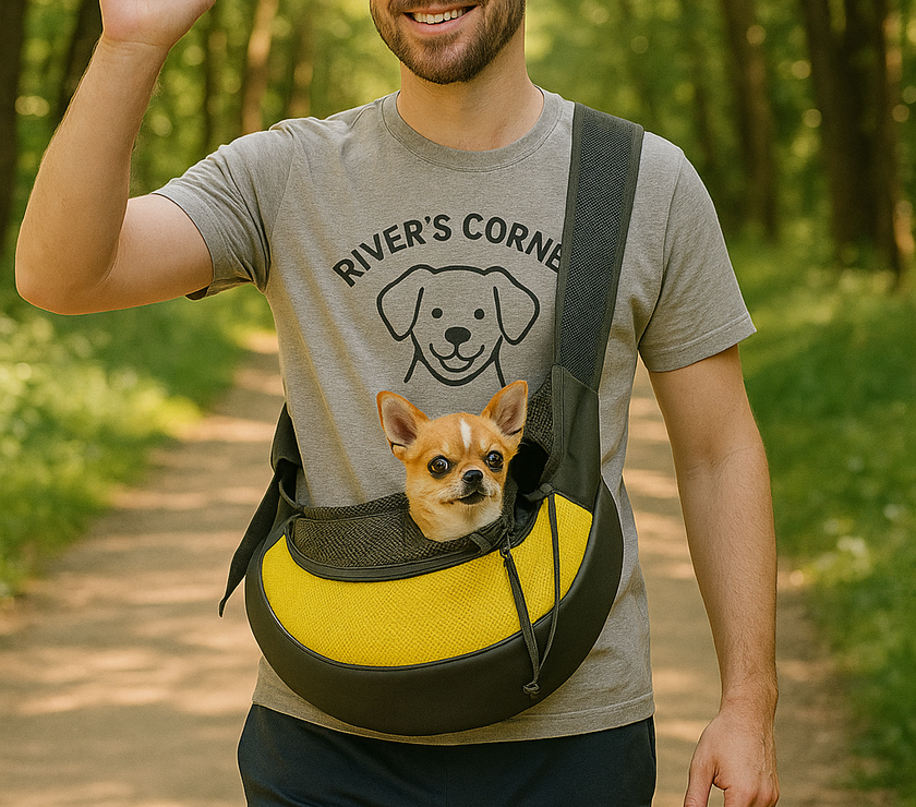 A smiling man walks along a wooded trail wearing a gray "River’s Corner" T-shirt and carrying a small dog in a yellow and gray sling pet carrier across his chest.