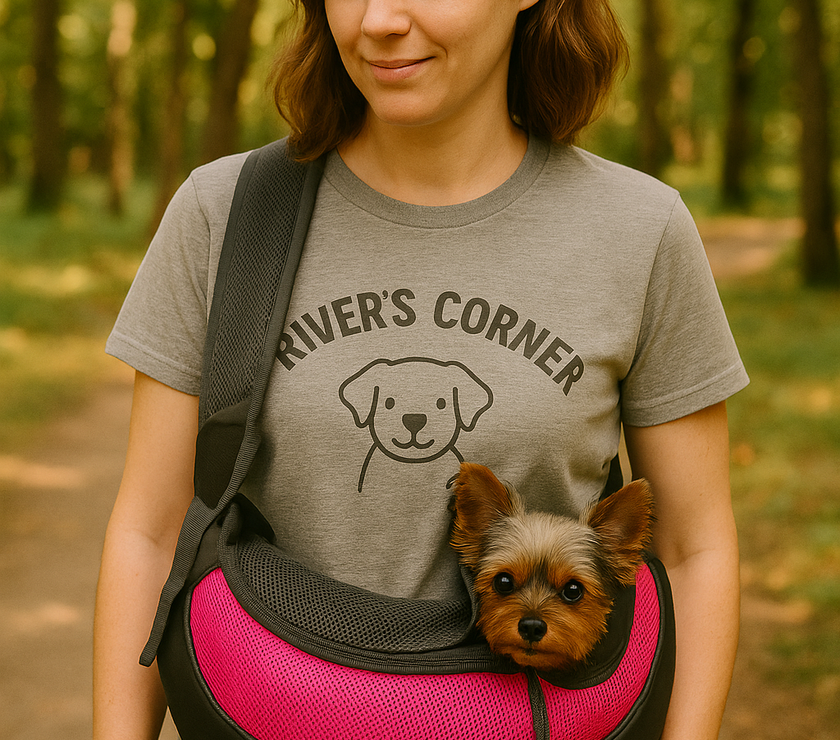 A woman in a gray "River’s Corner" T-shirt stands in a sunlit park carrying a small Yorkshire Terrier in a pink and gray sling pet carrier, gently smiling down at her dog