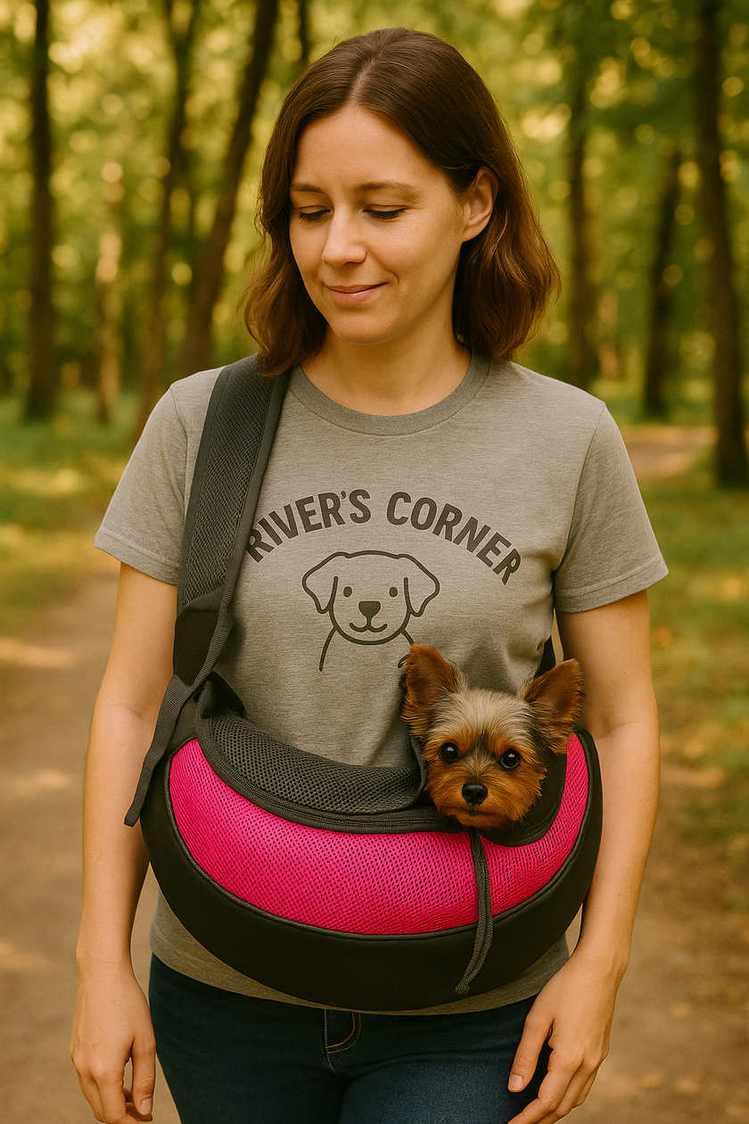 A woman in a gray "River’s Corner" T-shirt stands in a sunlit park carrying a small Yorkshire Terrier in a pink and gray sling pet carrier, gently smiling down at her dog