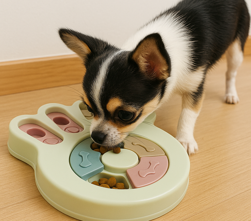 A small tricolor Chihuahua sniffs at a green paw-shaped puzzle toy on a light wood floor, investigating hidden treats under pastel-colored sliding pieces.