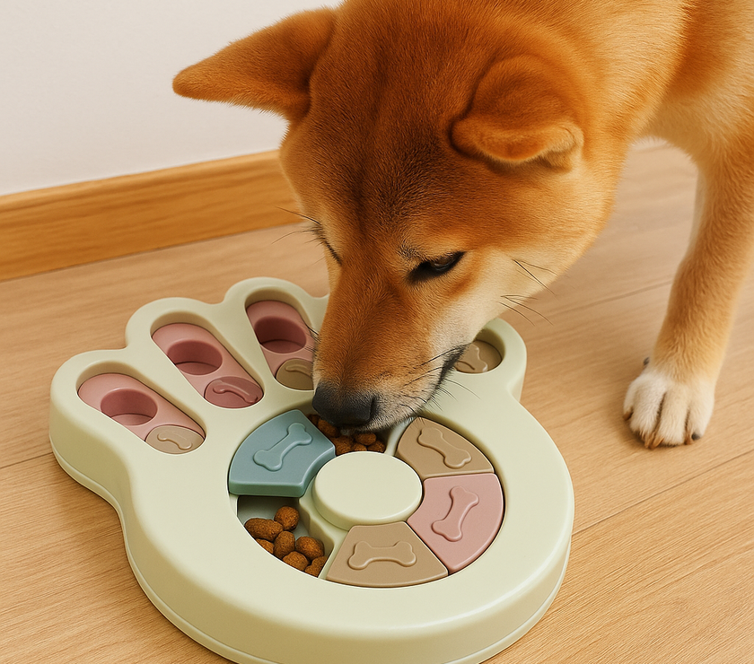 A Shiba Inu with reddish-brown fur uses its nose to interact with a pastel-colored paw-shaped puzzle toy on a wooden floor, uncovering kibble stored beneath the sliders.