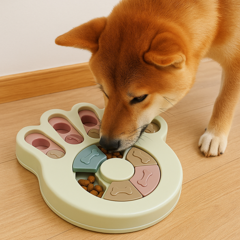 A Shiba Inu with reddish-brown fur uses its nose to interact with a pastel-colored paw-shaped puzzle toy on a wooden floor, uncovering kibble stored beneath the sliders.