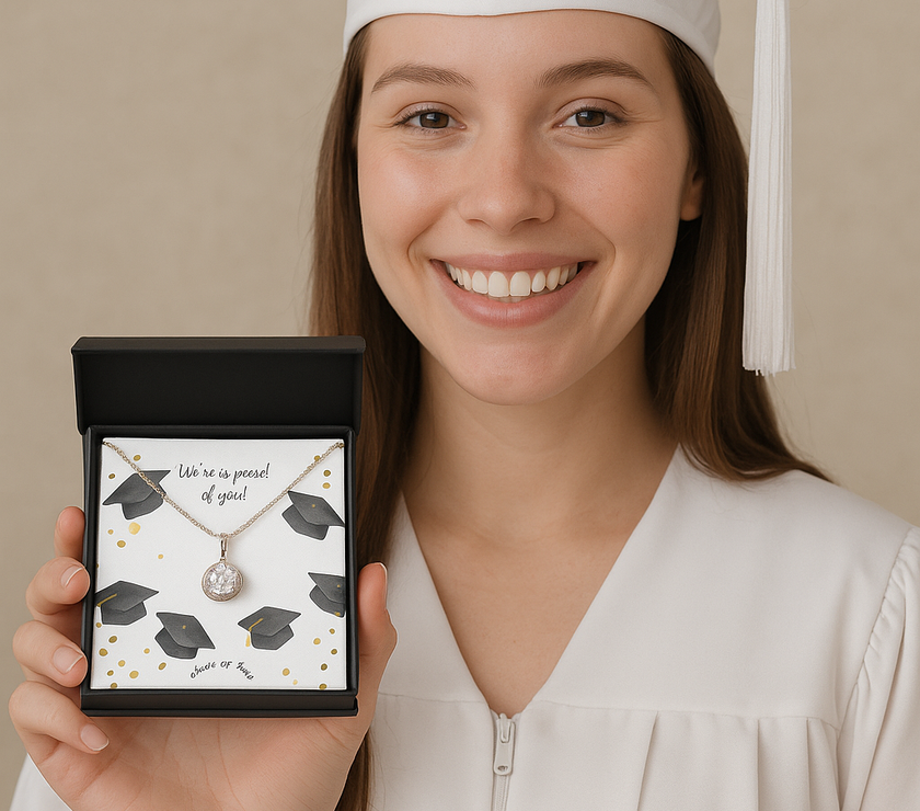 A young woman wearing a white graduation cap and gown is smiling and holding an open black jewelry box containing a silver necklace with a sparkling round pendant, set against a message card that says "We're so proud of you!" with graduation caps and gold confetti on the design.