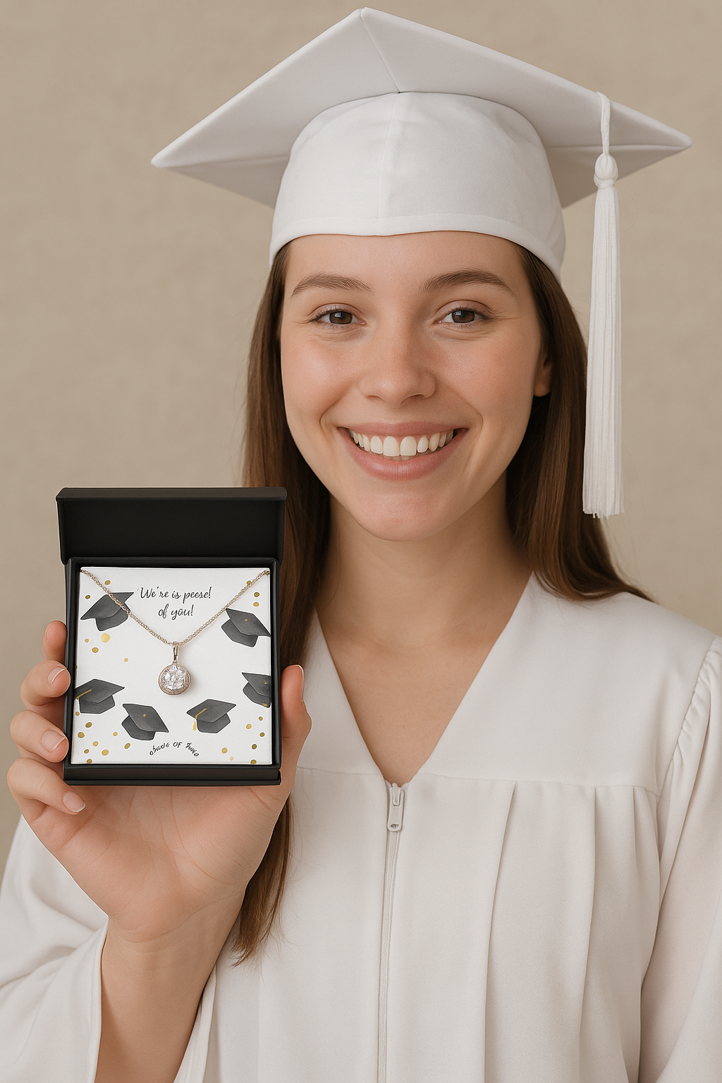 A young woman wearing a white graduation cap and gown is smiling and holding an open black jewelry box containing a silver necklace with a sparkling round pendant, set against a message card that says "We're so proud of you!" with graduation caps and gold confetti on the design.