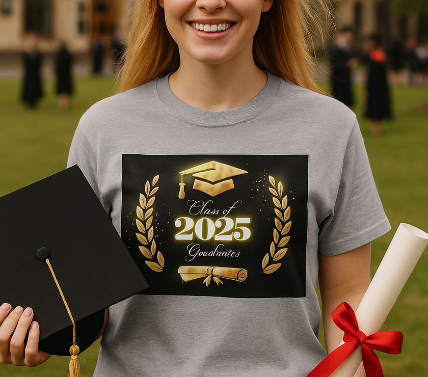 A blonde female graduate with fair skin smiles proudly while wearing a gray “Class of 2025 Graduates” T-shirt with a gold design; she holds a rolled diploma with a red ribbon in one hand and a black graduation cap in the other, with a university setting in the background.