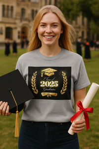 A blonde female graduate with fair skin smiles proudly while wearing a gray “Class of 2025 Graduates” T-shirt with a gold design; she holds a rolled diploma with a red ribbon in one hand and a black graduation cap in the other, with a university setting in the background.
