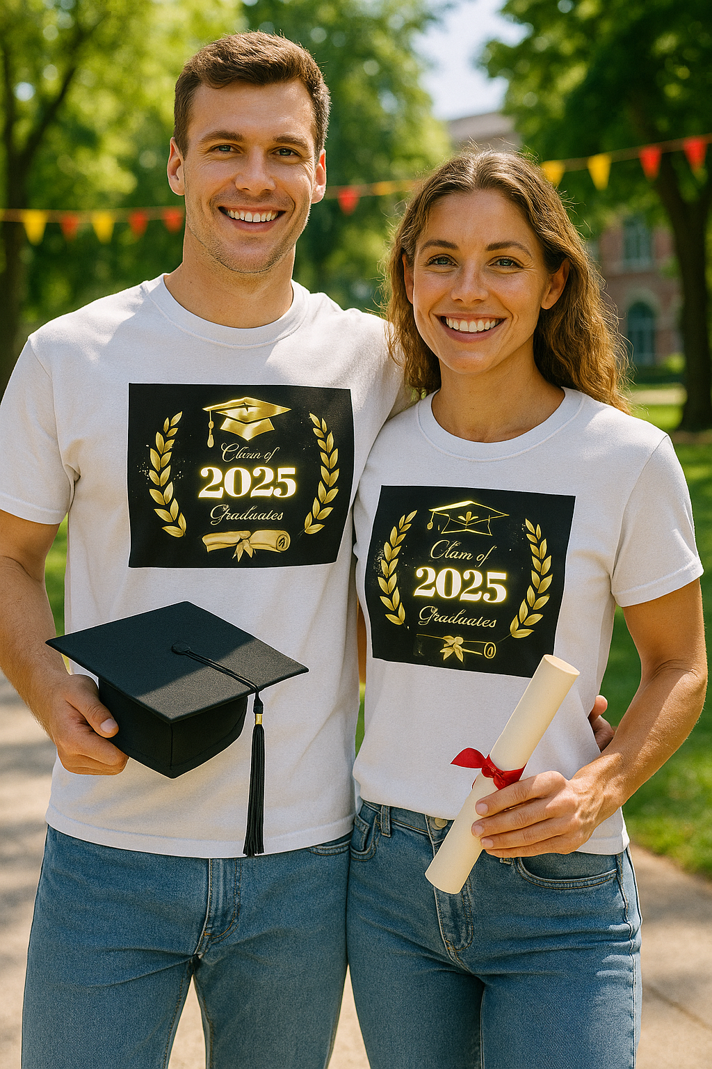 A young man and woman stand outdoors after a graduation ceremony, smiling and wearing matching white T-shirts that feature a gold “Class of 2025 Graduates” design with a cap, laurel wreath, and diploma; the man holds a graduation cap and the woman holds a diploma tied with a red ribbon.
