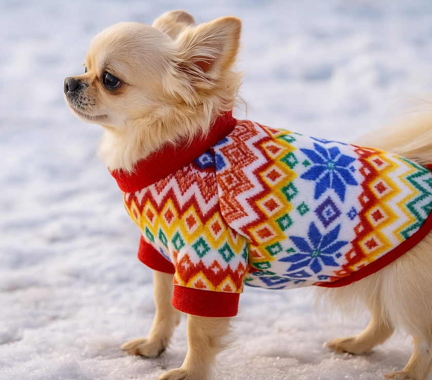 Small dog wearing a colorful sweater standing on snow