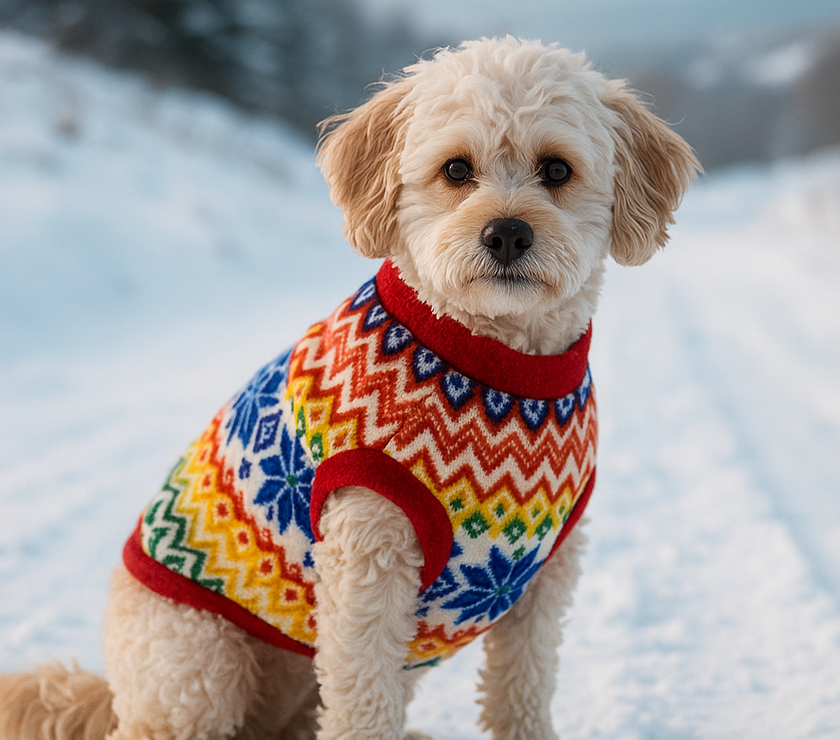 Dog wearing a colorful sweater standing on a snowy landscape with trees and mountains in the background.