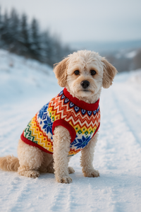 Dog wearing a colorful sweater standing on a snowy landscape with trees and mountains in the background.