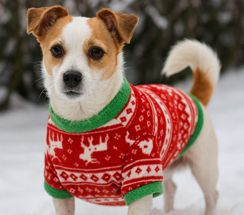Dog wearing a red sweater with green trim standing in the snow.