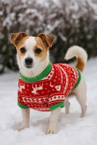 Dog wearing a red sweater with green trim standing in the snow.