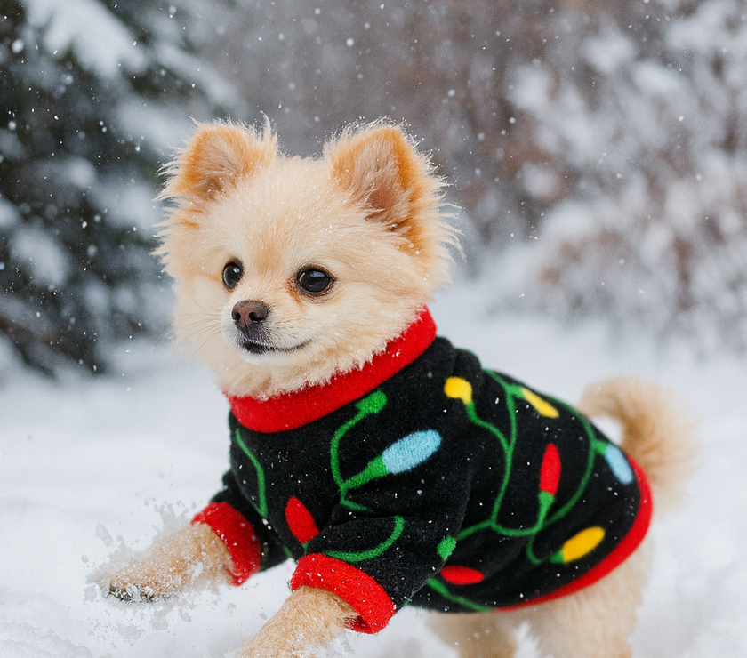 Small dog wearing a festive sweater in a snowy landscape