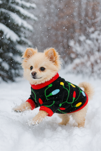 Small dog wearing a festive sweater in a snowy landscape
