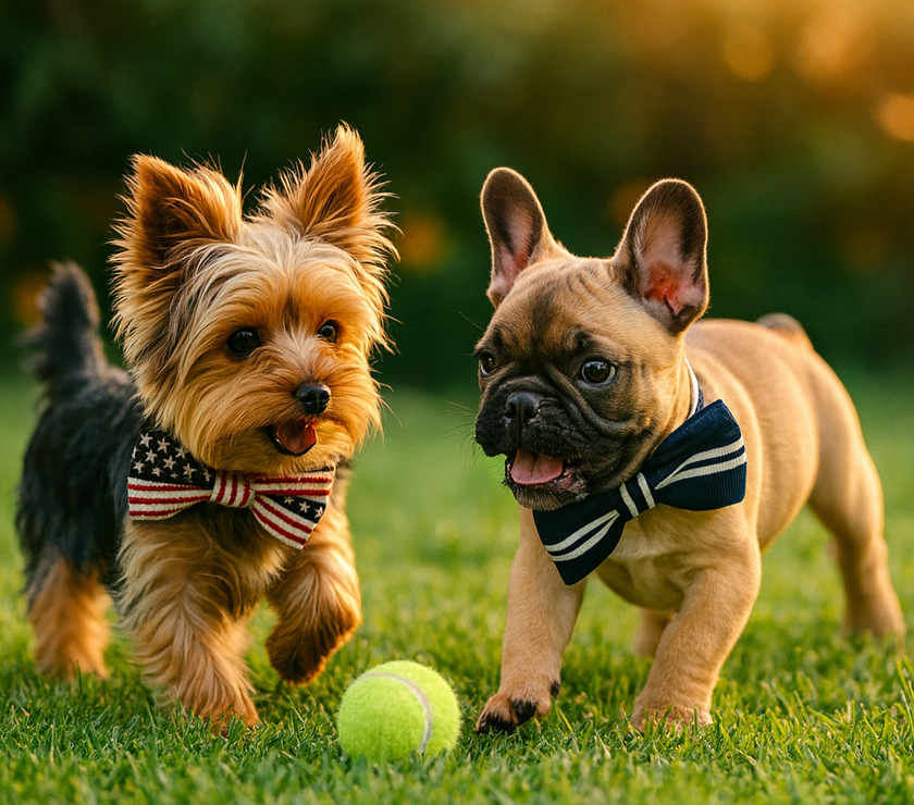 Two small dogs wearing bowtie collars playing with a tennis ball outside