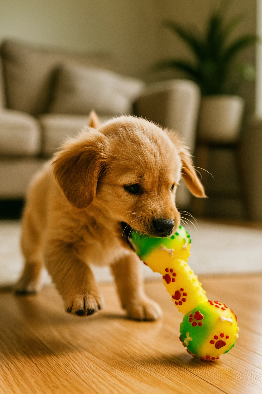 Puppy playing with a colorful toy on a wooden floor.