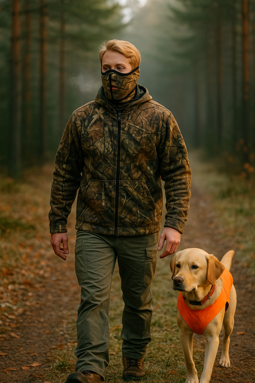 Man in camouflage jacket and face mask walking with a dog in an orange vest through a forest.
