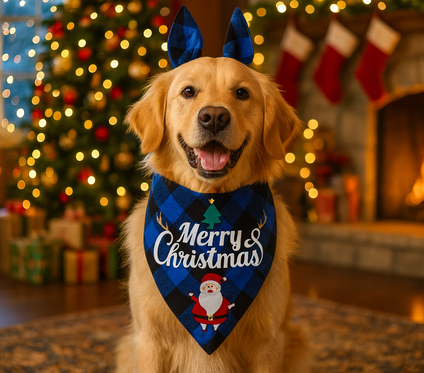 Dog wearing a 'Merry Christmas' bandana in a festive setting with a Christmas tree and stockings.