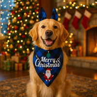 Dog wearing a 'Merry Christmas' bandana in a festive setting with a Christmas tree and stockings.