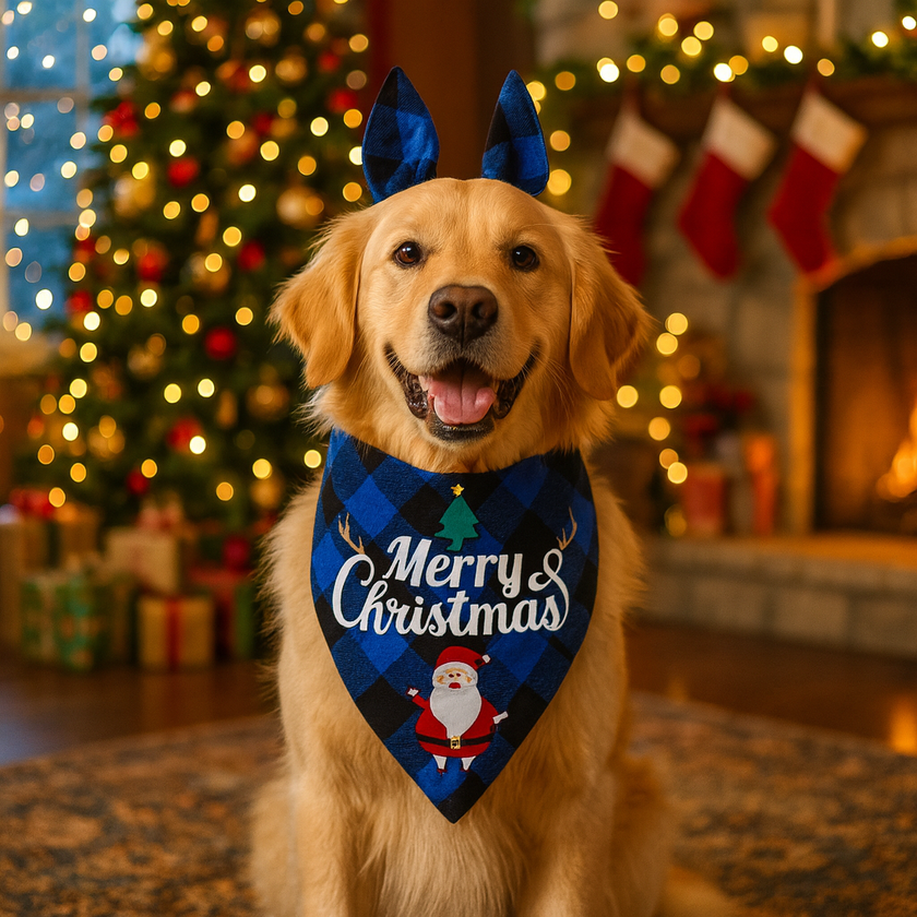 Dog wearing a 'Merry Christmas' bandana in a festive setting with a Christmas tree and stockings.