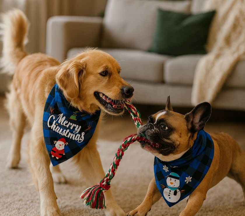 Two dogs playing with a Christmas-themed toy in a living room with a decorated tree.