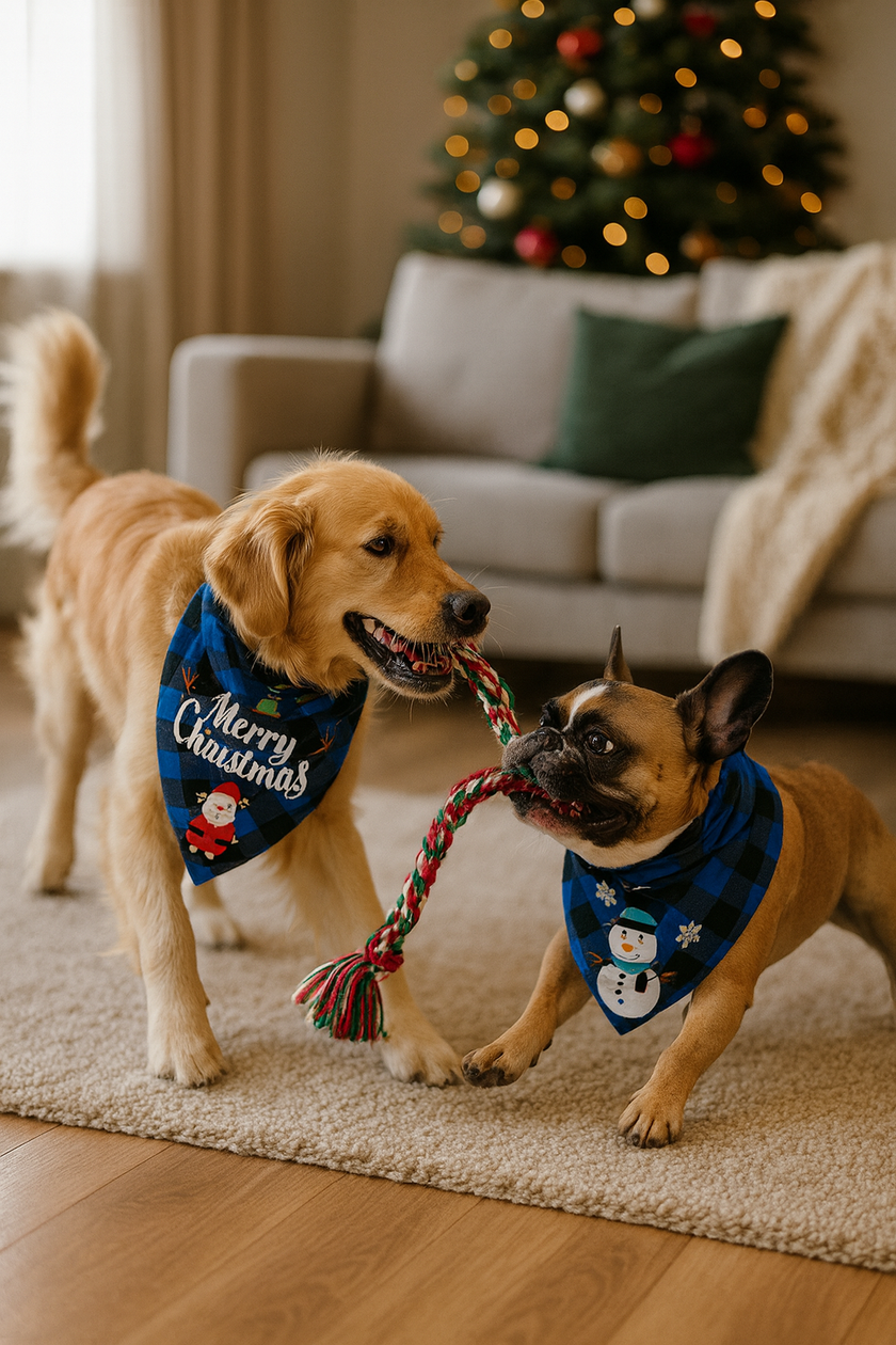 Two dogs playing with a Christmas-themed toy in a living room with a decorated tree.