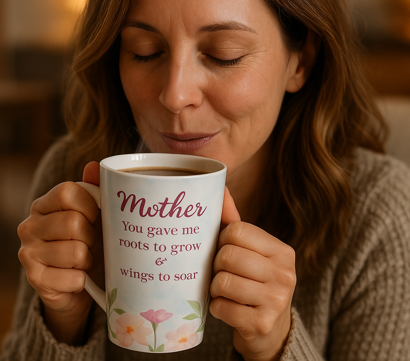Woman holding a mug with a Mother's Day message and floral design.